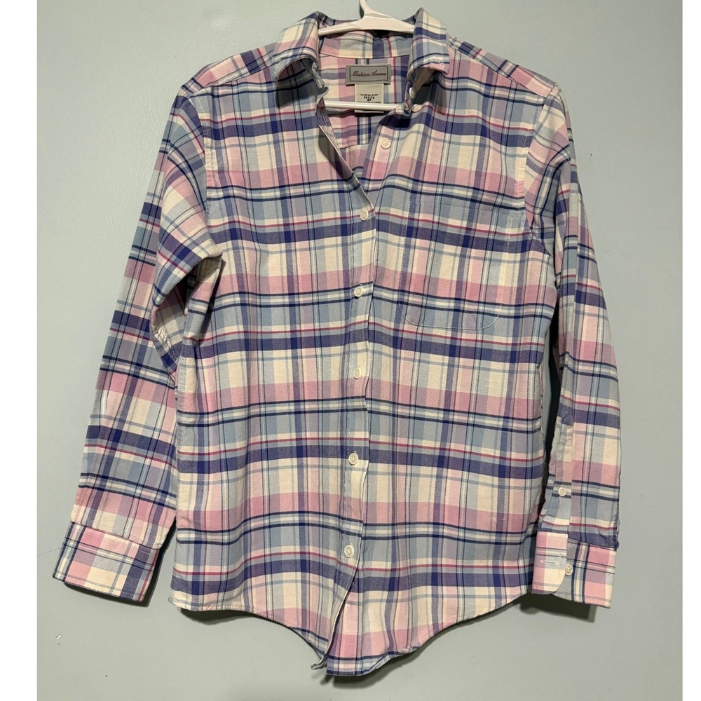 Madison Avenue Women's Petite 6P Plaid Button Down Shirt Pink Blue 1564
